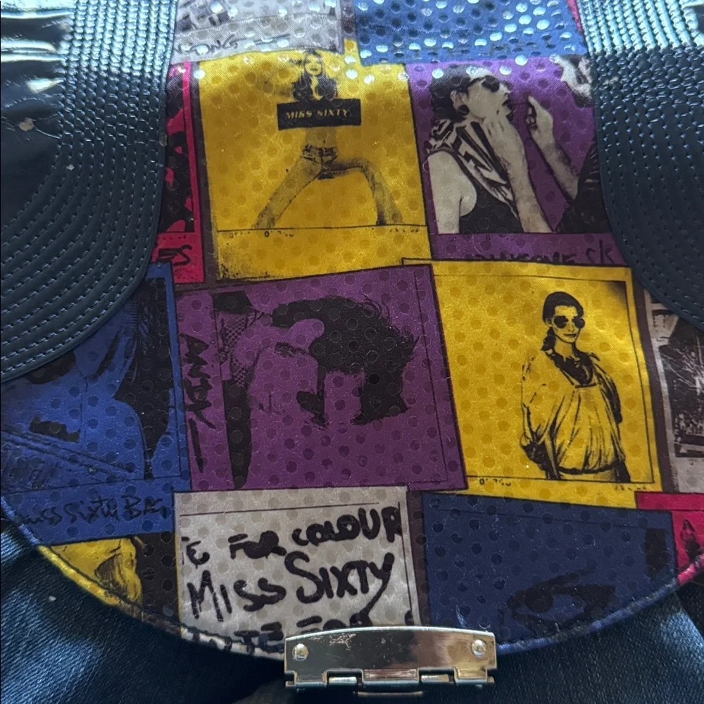 Esbeda Pop Art Blue & Multicolor Crossbody Bag flap faux‎ suede faux patent
